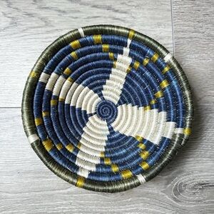 African Rwanda Woven Basket 7” Blue Beige Green – Boho Wall Decor Artisan Signed